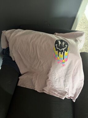 Pink Short Sleeve Tee with Colorful Drip Smiley Graphic